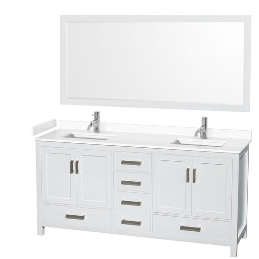Wyndham Collection Sheffield 72" Double Bathroom Vanity in White, White Cultured Marble Countertop, Undermount Square Sinks, 70" Mirror