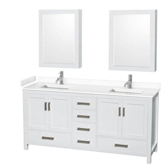 Wyndham Collection Sheffield 72" Double Bathroom Vanity in White, White Cultured Marble Countertop, Undermount Square Sinks, Medicine Cabinet