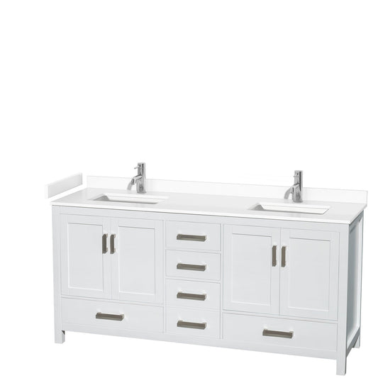 Wyndham Collection Sheffield 72" Double Bathroom Vanity in White, White Cultured Marble Countertop, Undermount Square Sinks, No Mirror