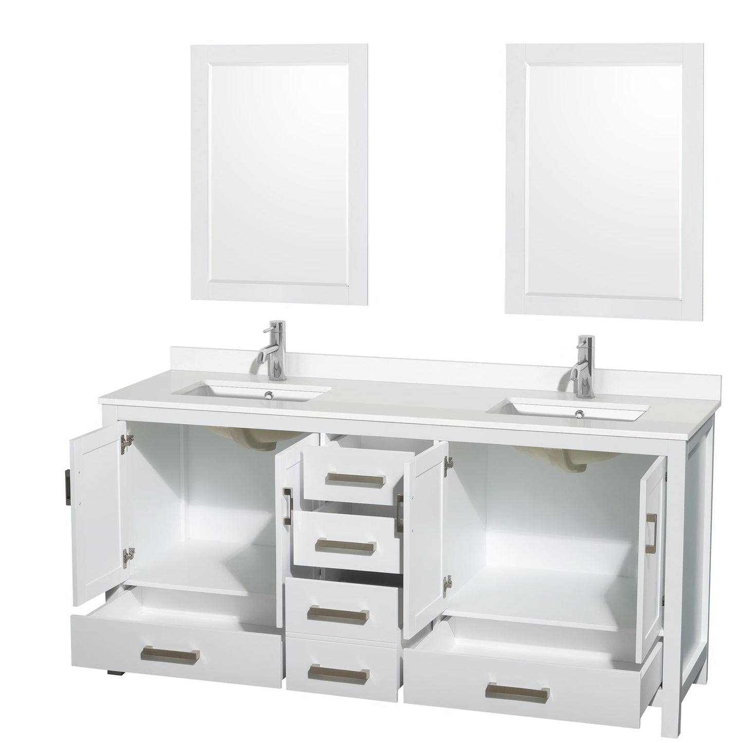 Wyndham Collection Sheffield 72" Double Bathroom Vanity in White, White Quartz Countertop, Undermount Square Sinks, 24" Mirror