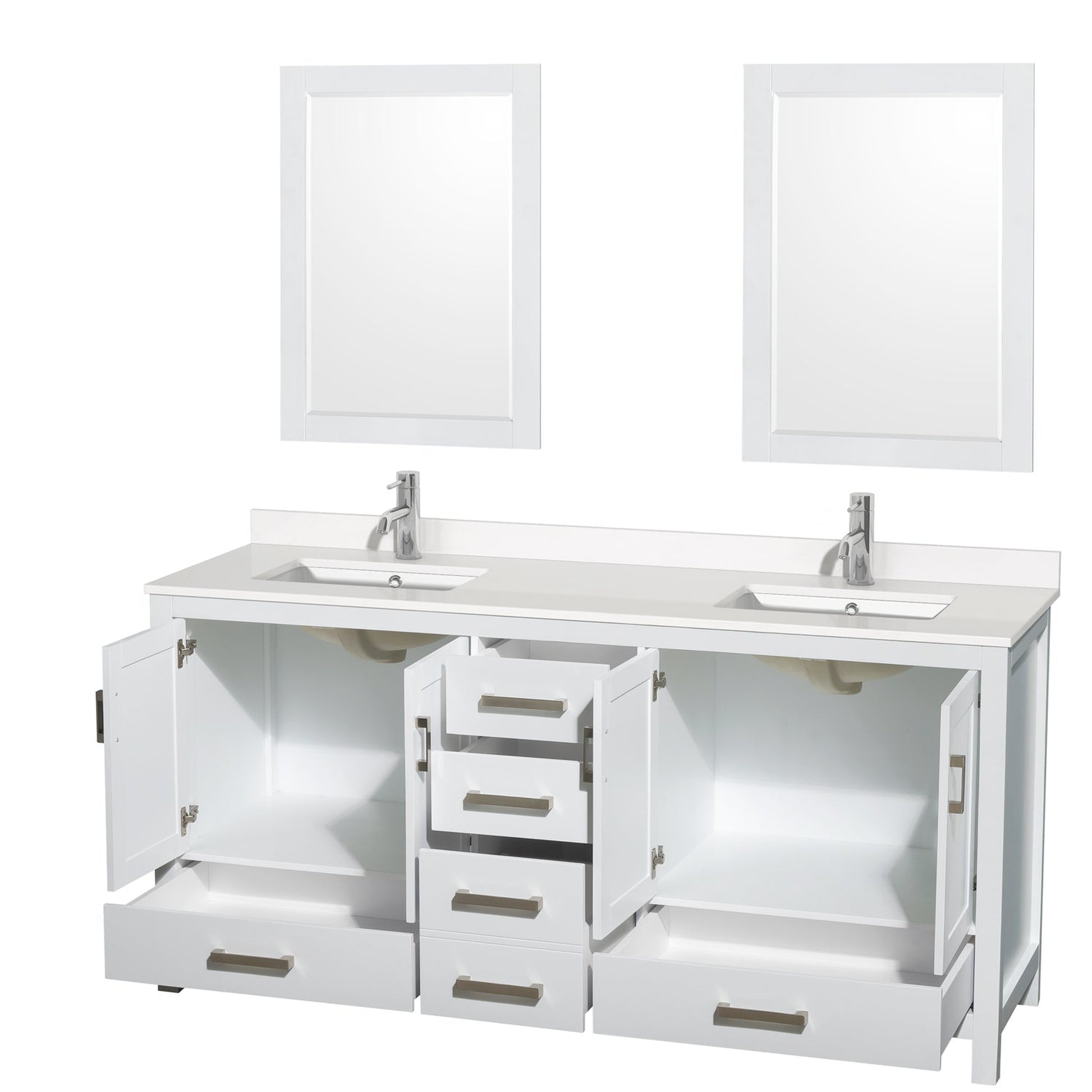 Wyndham Collection Sheffield 72" Double Bathroom Vanity in White, White Quartz Countertop, Undermount Square Sinks, 24" Mirror