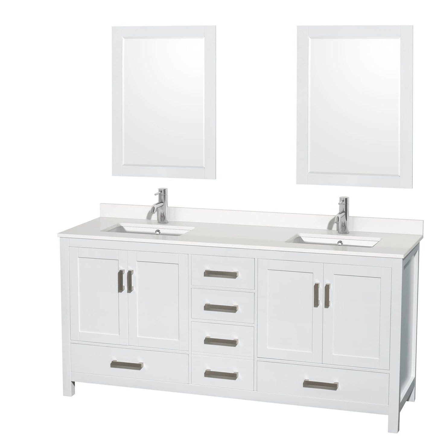 Wyndham Collection Sheffield 72" Double Bathroom Vanity in White, White Quartz Countertop, Undermount Square Sinks, 24" Mirror