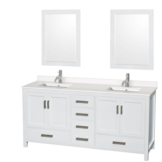 Wyndham Collection Sheffield 72" Double Bathroom Vanity in White, White Quartz Countertop, Undermount Square Sinks, 24" Mirror