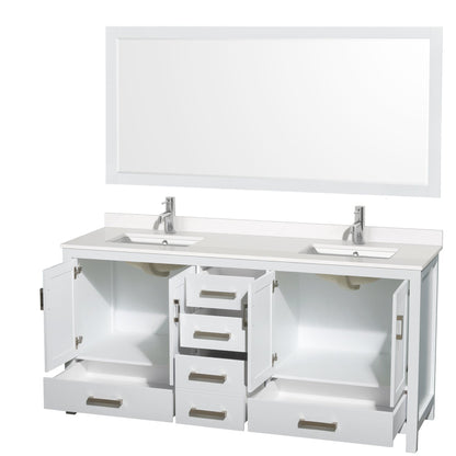 Wyndham Collection Sheffield 72" Double Bathroom Vanity in White, White Quartz Countertop, Undermount Square Sinks, 70" Mirror