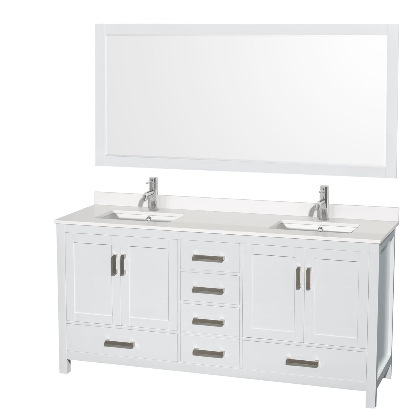Wyndham Collection Sheffield 72" Double Bathroom Vanity in White, White Quartz Countertop, Undermount Square Sinks, 70" Mirror