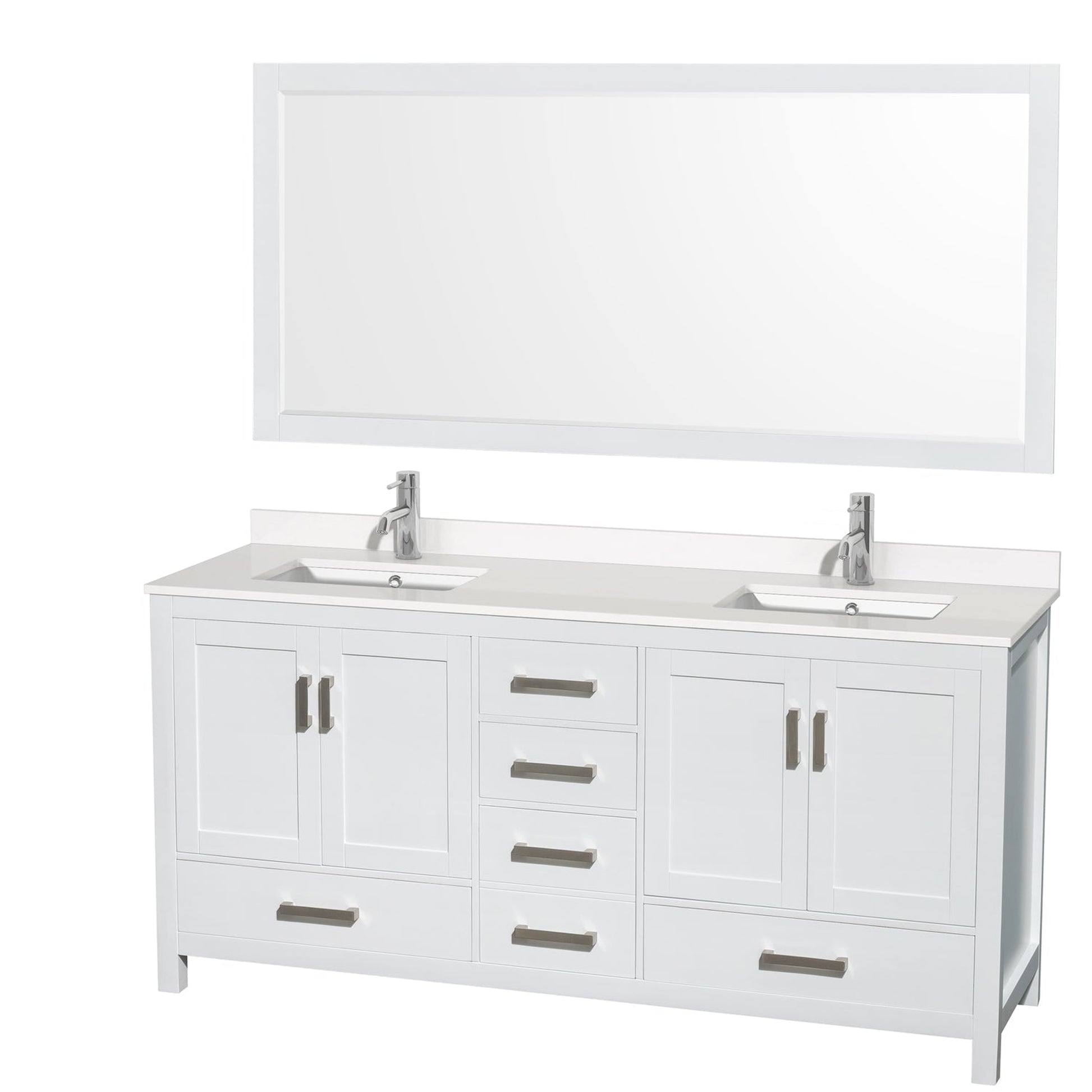 Wyndham Collection Sheffield 72" Double Bathroom Vanity in White, White Quartz Countertop, Undermount Square Sinks, 70" Mirror