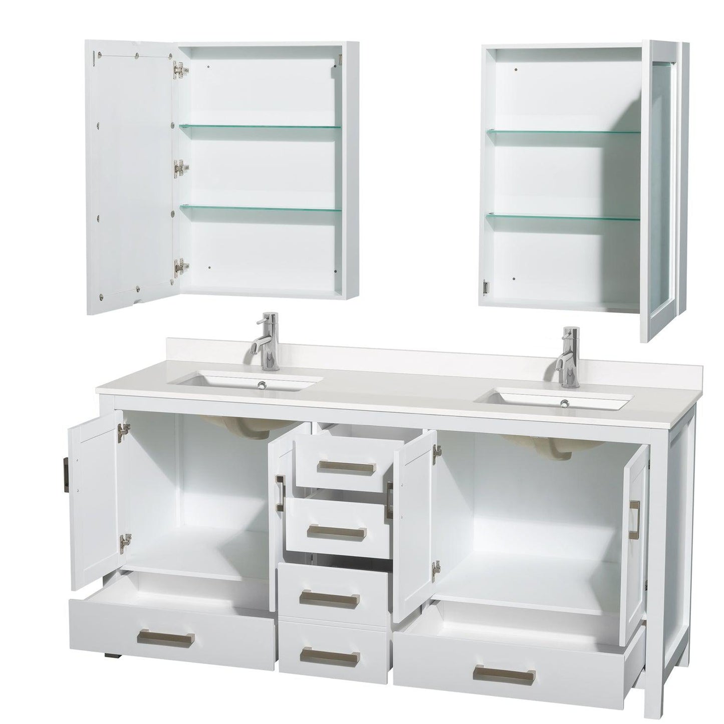 Wyndham Collection Sheffield 72" Double Bathroom Vanity in White, White Quartz Countertop, Undermount Square Sinks, Medicine Cabinet