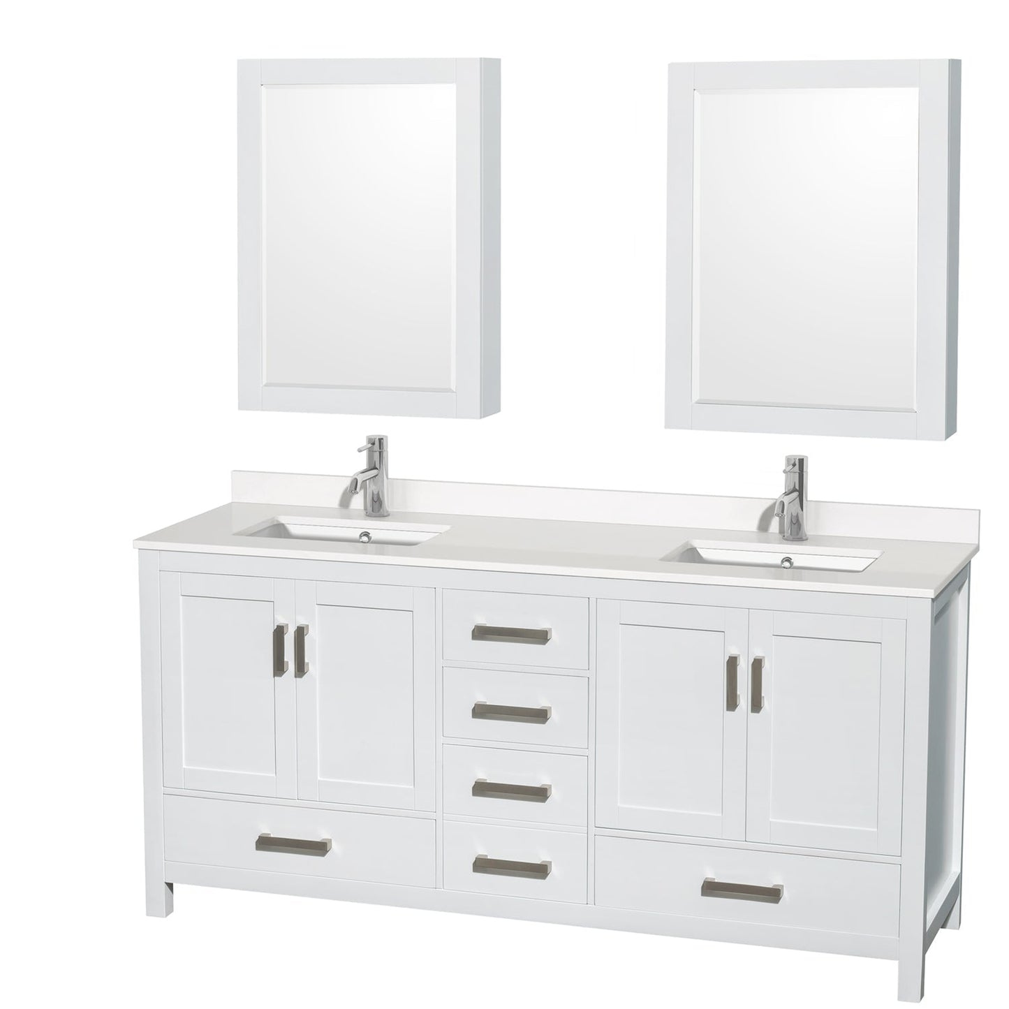 Wyndham Collection Sheffield 72" Double Bathroom Vanity in White, White Quartz Countertop, Undermount Square Sinks, Medicine Cabinet
