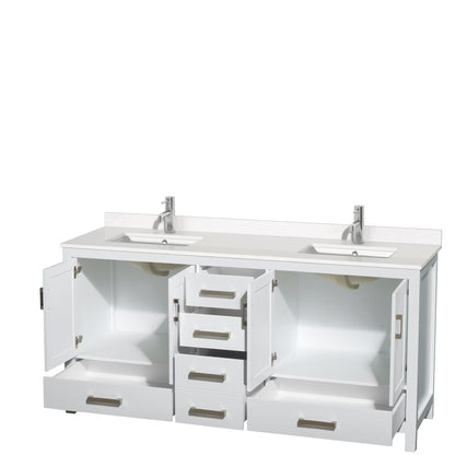 Wyndham Collection Sheffield 72" Double Bathroom Vanity in White, White Quartz Countertop, Undermount Square Sinks, No Mirror