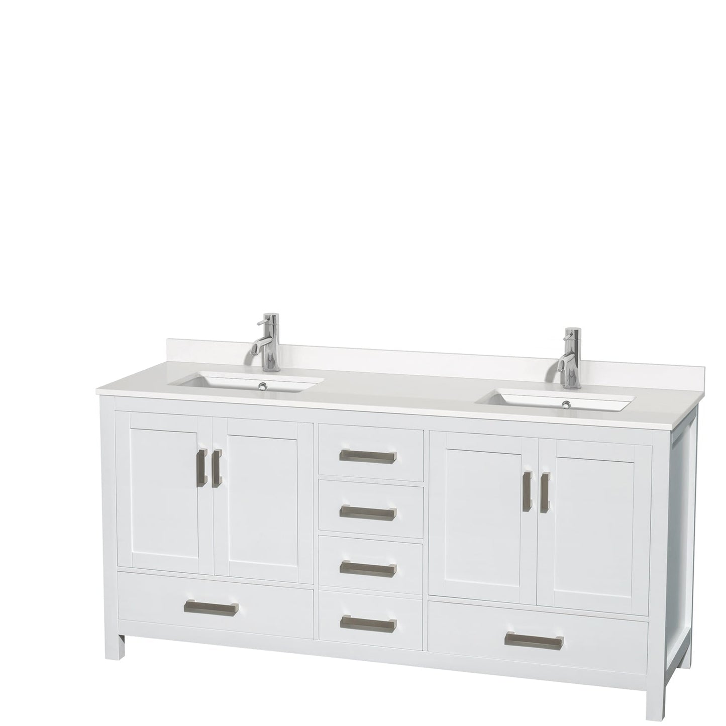 Wyndham Collection Sheffield 72" Double Bathroom Vanity in White, White Quartz Countertop, Undermount Square Sinks, No Mirror