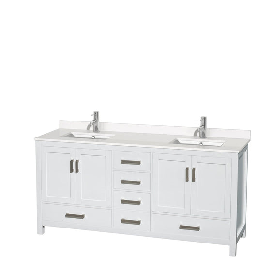 Wyndham Collection Sheffield 72" Double Bathroom Vanity in White, White Quartz Countertop, Undermount Square Sinks, No Mirror