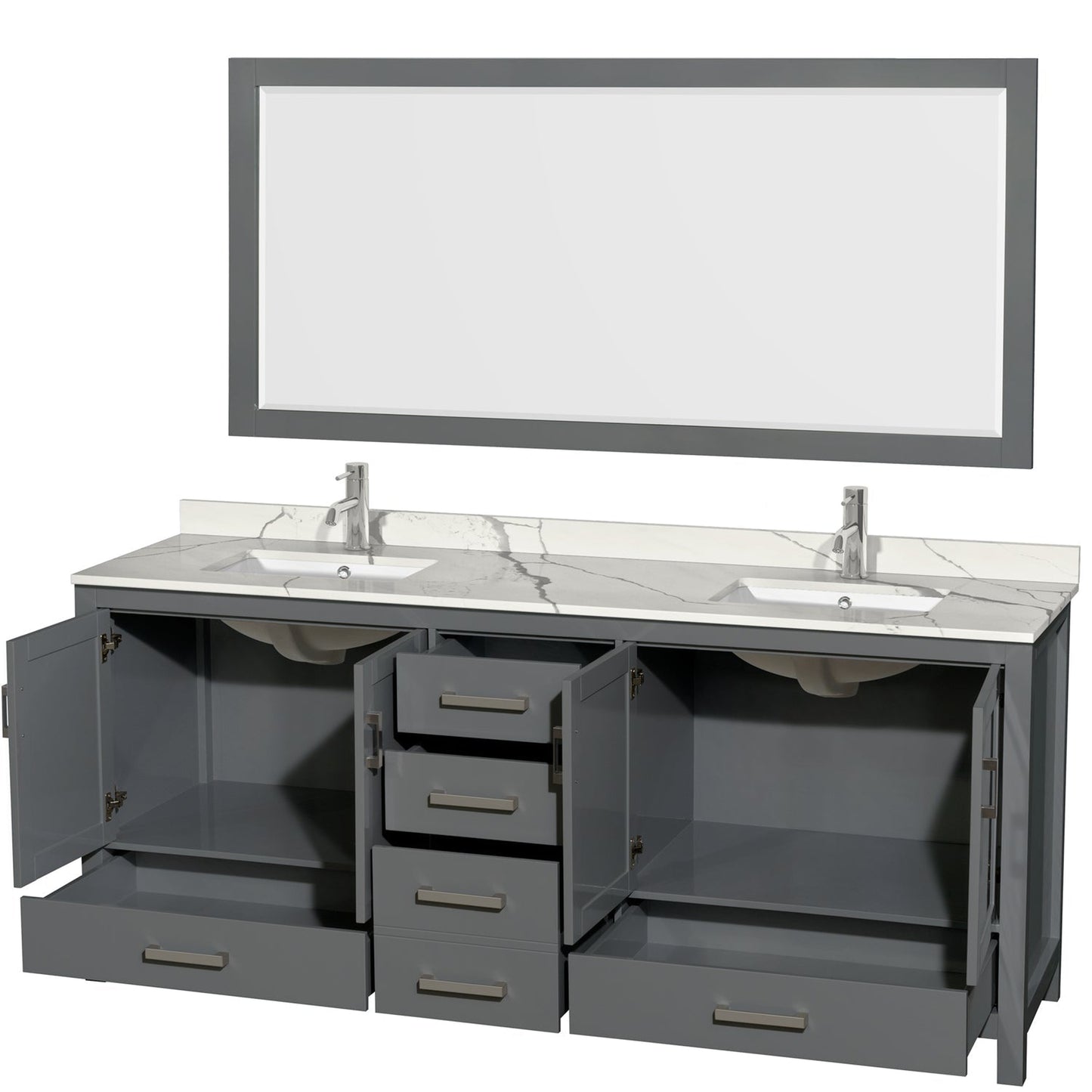 Wyndham Collection Sheffield 80" Double Bathroom Vanity in Dark Gray, Calacatta Quartz Countertop, Undermount Square Sinks, 70" Mirror