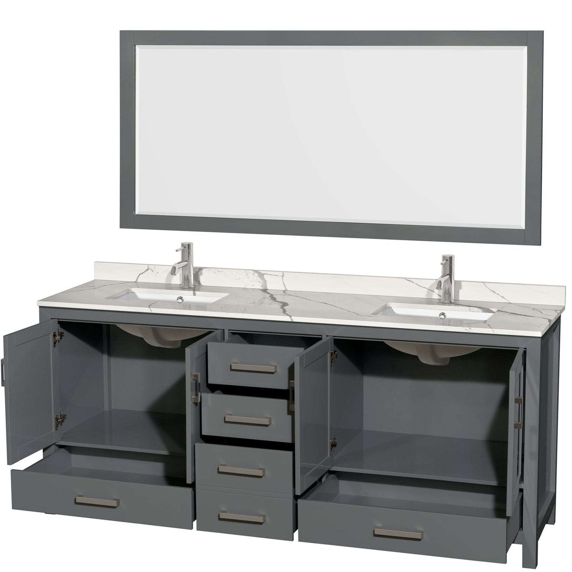 Wyndham Collection Sheffield 80" Double Bathroom Vanity in Dark Gray, Calacatta Quartz Countertop, Undermount Square Sinks, 70" Mirror