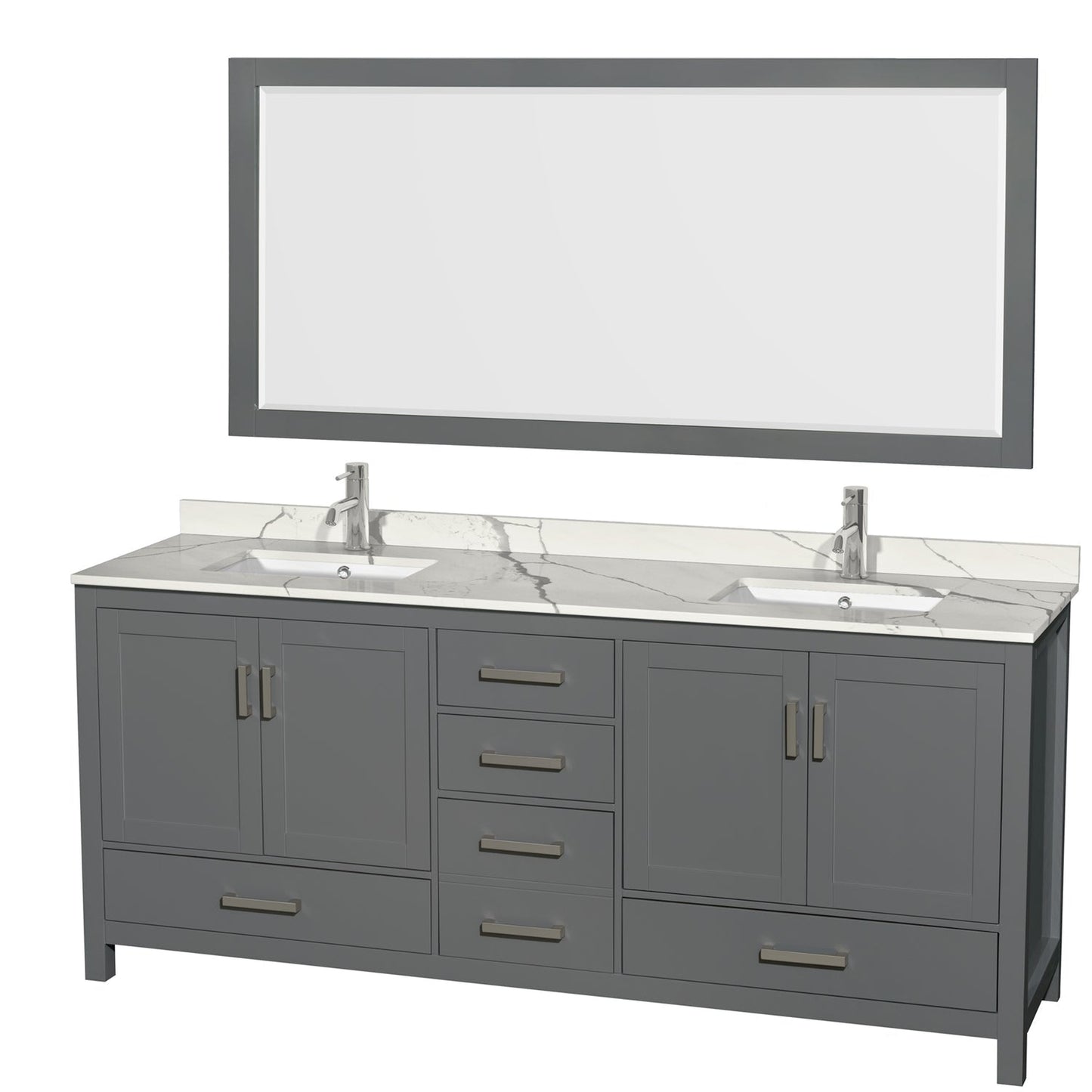 Wyndham Collection Sheffield 80" Double Bathroom Vanity in Dark Gray, Calacatta Quartz Countertop, Undermount Square Sinks, 70" Mirror