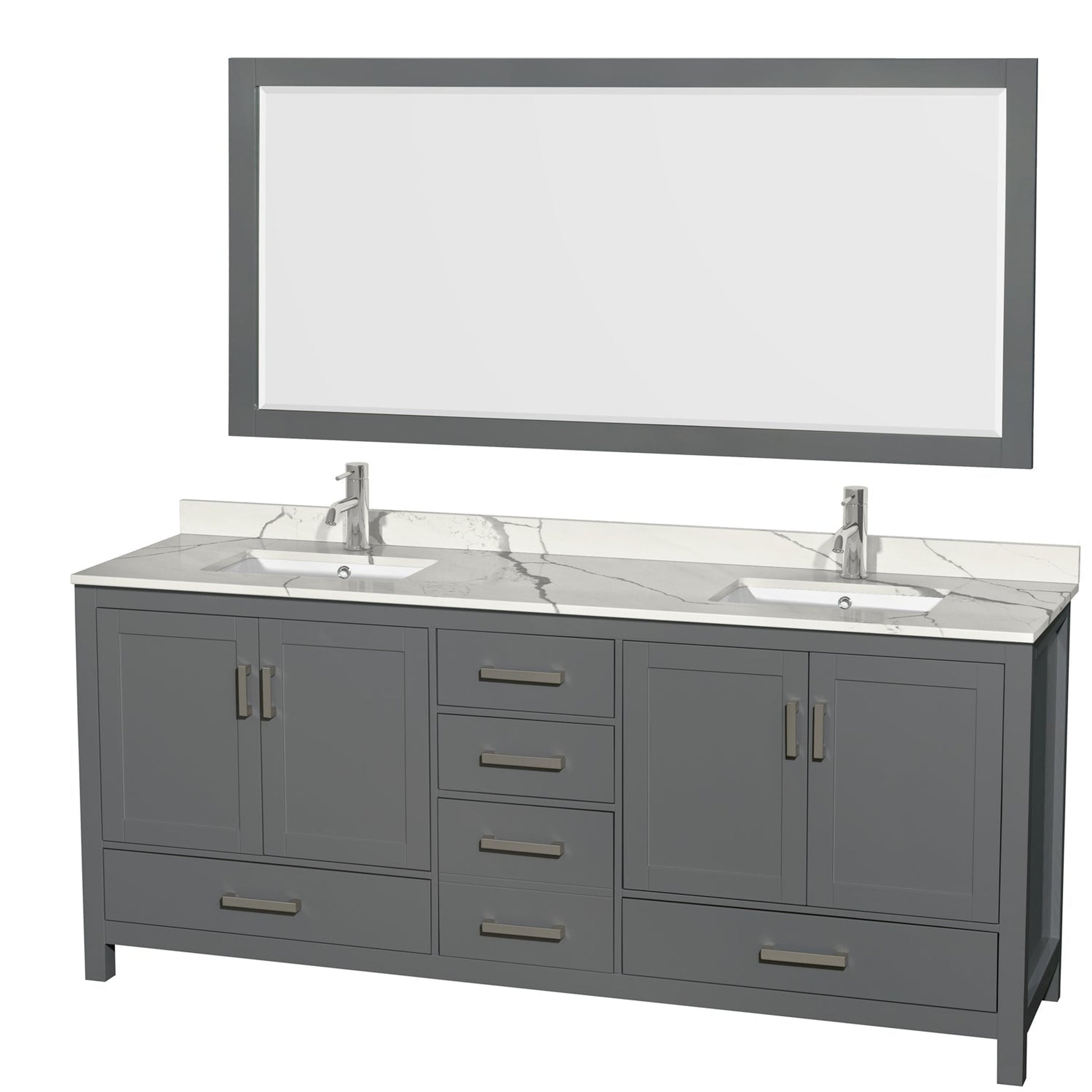 Wyndham Collection Sheffield 80" Double Bathroom Vanity in Dark Gray, Calacatta Quartz Countertop, Undermount Square Sinks, 70" Mirror