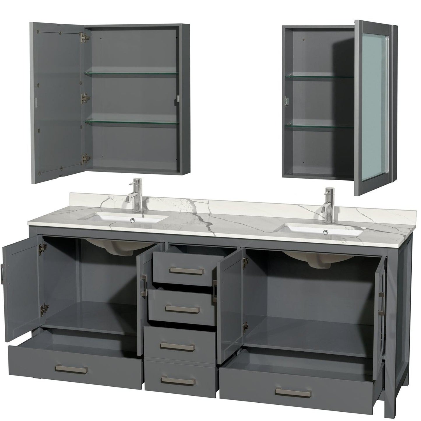 Wyndham Collection Sheffield 80" Double Bathroom Vanity in Dark Gray, Calacatta Quartz Countertop, Undermount Square Sinks, Medicine Cabinet