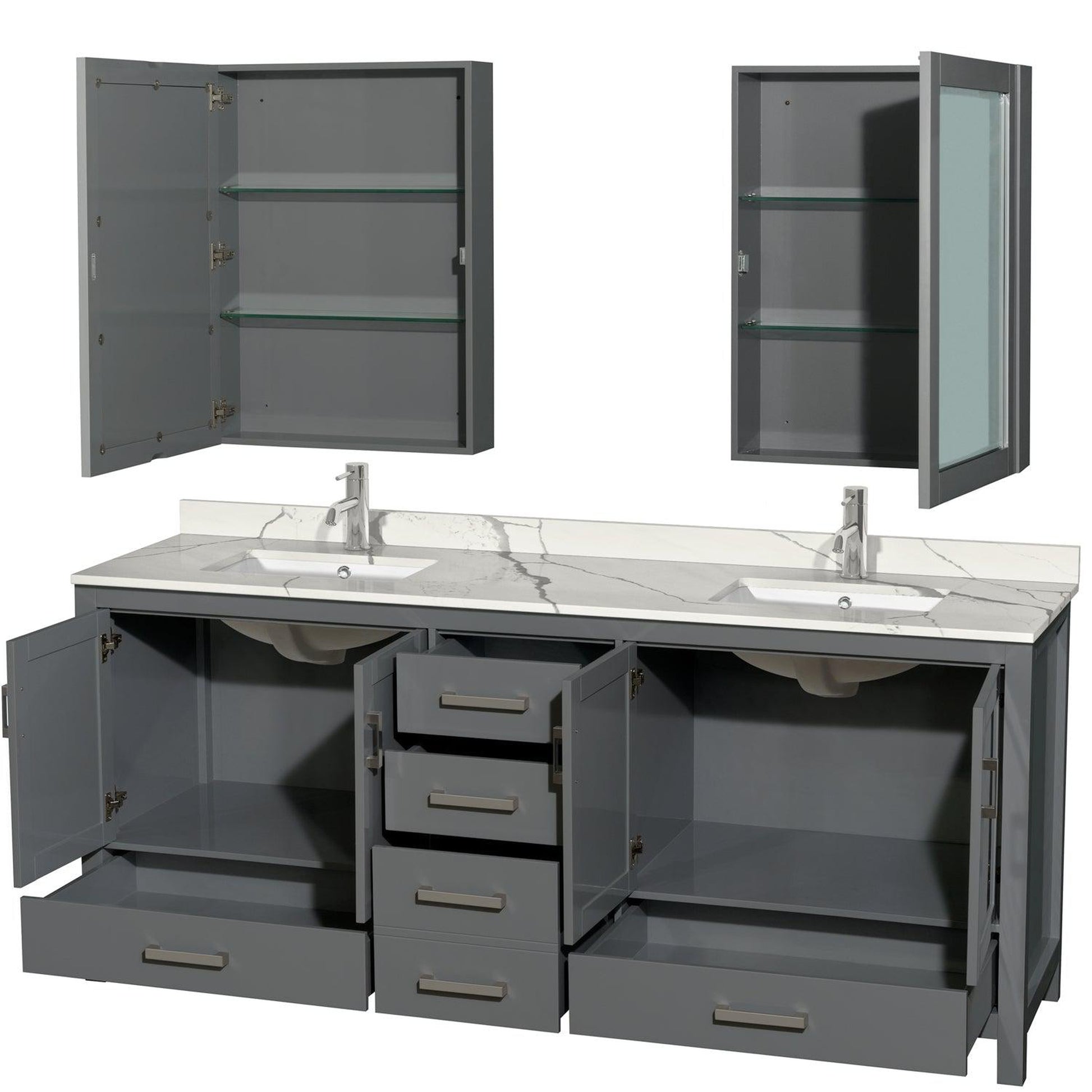 Wyndham Collection Sheffield 80" Double Bathroom Vanity in Dark Gray, Calacatta Quartz Countertop, Undermount Square Sinks, Medicine Cabinet