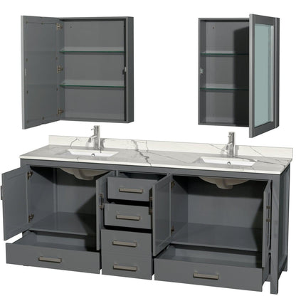 Wyndham Collection Sheffield 80" Double Bathroom Vanity in Dark Gray, Calacatta Quartz Countertop, Undermount Square Sinks, Medicine Cabinet