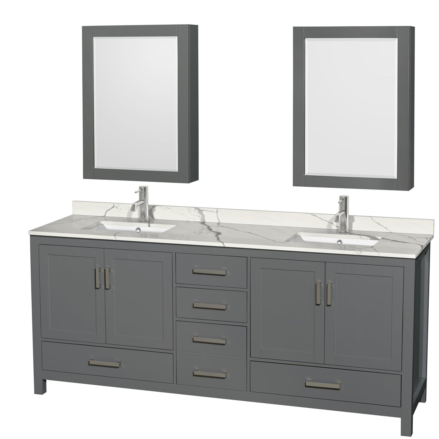 Wyndham Collection Sheffield 80" Double Bathroom Vanity in Dark Gray, Calacatta Quartz Countertop, Undermount Square Sinks, Medicine Cabinet