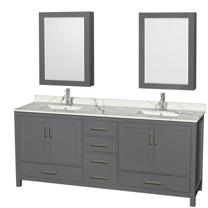 Wyndham Collection Sheffield 80" Double Bathroom Vanity in Dark Gray, Calacatta Quartz Countertop, Undermount Square Sinks, Medicine Cabinet