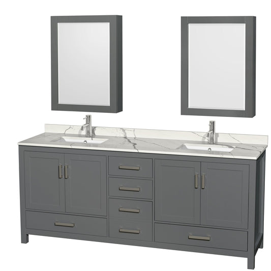 Wyndham Collection Sheffield 80" Double Bathroom Vanity in Dark Gray, Calacatta Quartz Countertop, Undermount Square Sinks, Medicine Cabinet