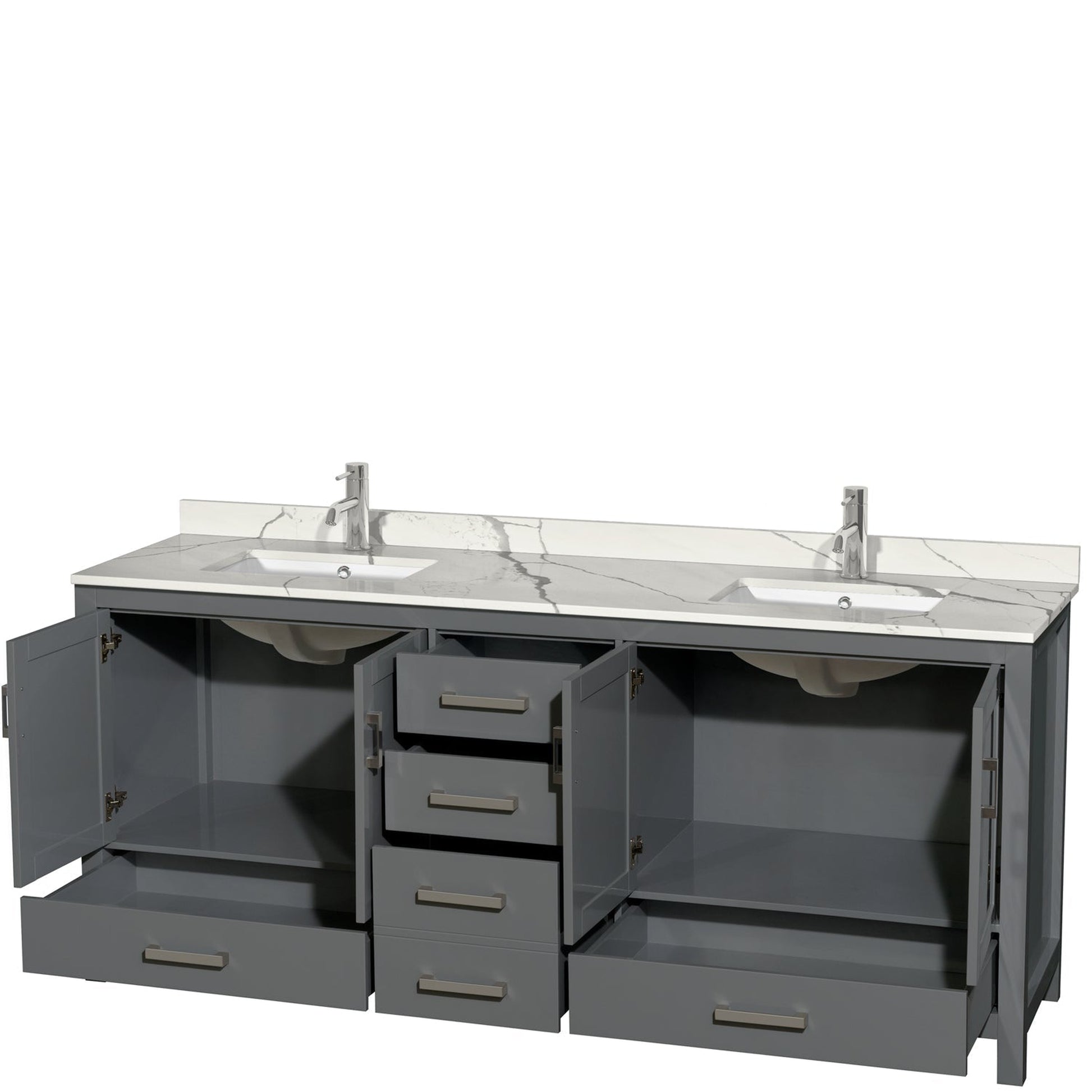 Wyndham Collection Sheffield 80" Double Bathroom Vanity in Dark Gray, Calacatta Quartz Countertop, Undermount Square Sinks, No Mirror