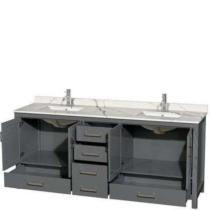Wyndham Collection Sheffield 80" Double Bathroom Vanity in Dark Gray, Calacatta Quartz Countertop, Undermount Square Sinks, No Mirror