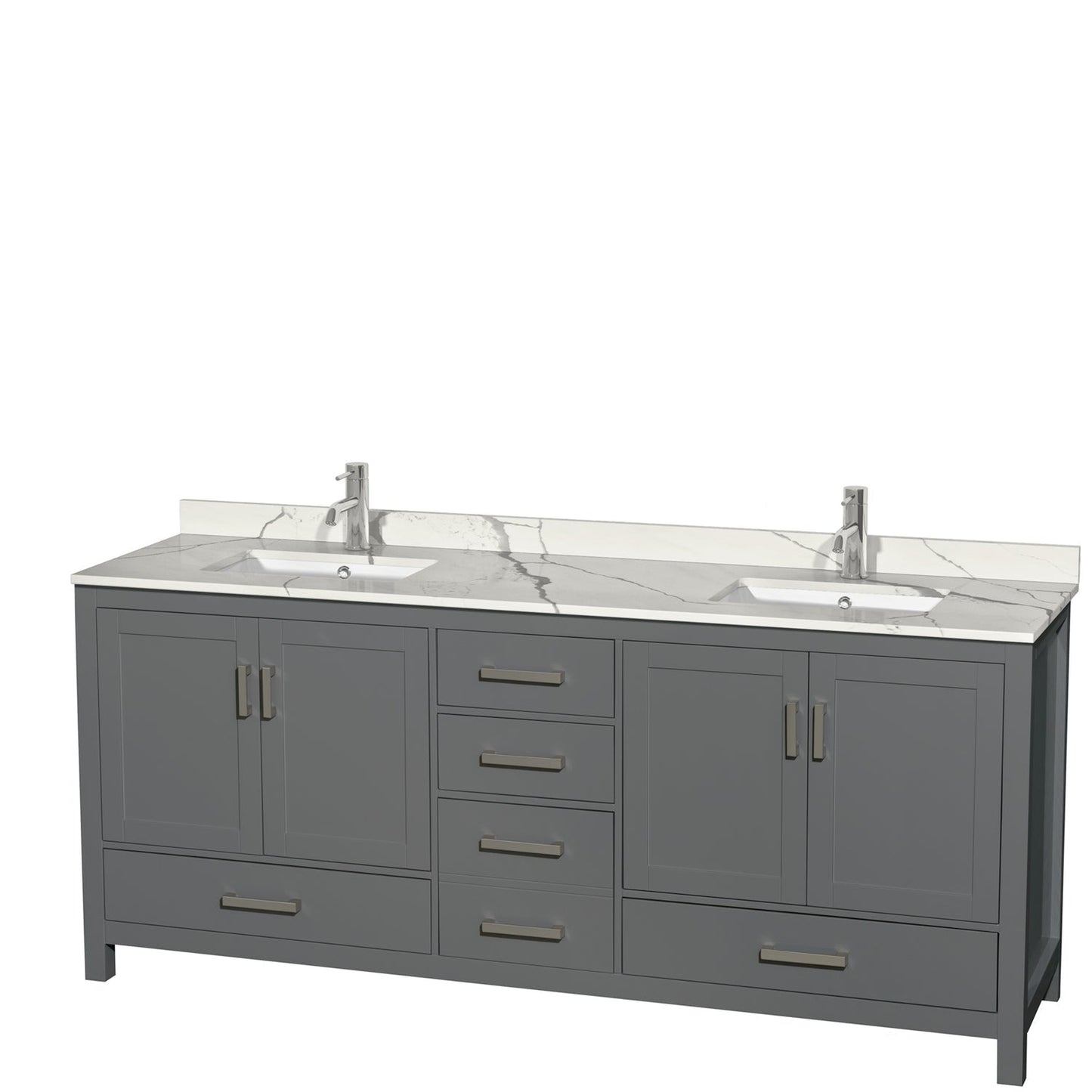 Wyndham Collection Sheffield 80" Double Bathroom Vanity in Dark Gray, Calacatta Quartz Countertop, Undermount Square Sinks, No Mirror