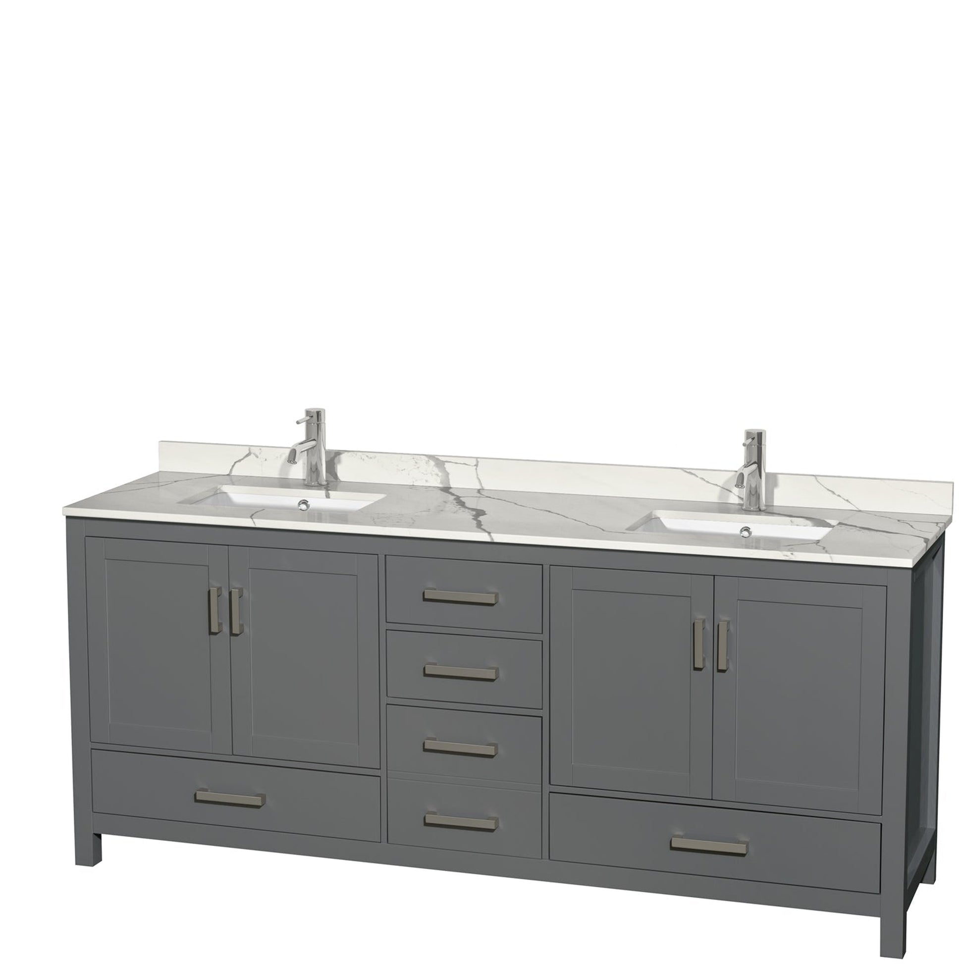 Wyndham Collection Sheffield 80" Double Bathroom Vanity in Dark Gray, Calacatta Quartz Countertop, Undermount Square Sinks, No Mirror