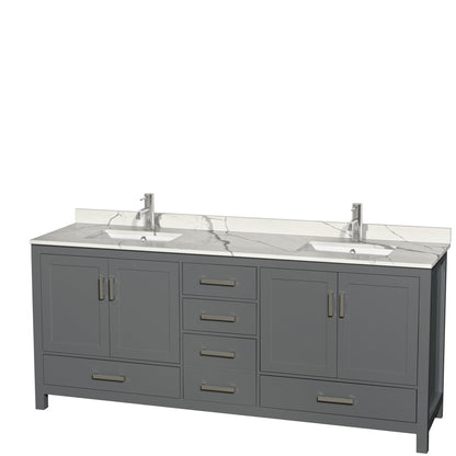 Wyndham Collection Sheffield 80" Double Bathroom Vanity in Dark Gray, Calacatta Quartz Countertop, Undermount Square Sinks, No Mirror