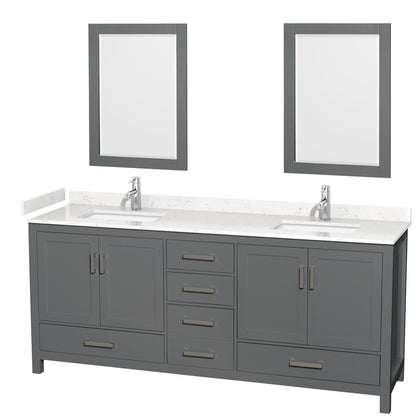 Wyndham Collection Sheffield 80" Double Bathroom Vanity in Dark Gray, Carrara Cultured Marble Countertop, Undermount Square Sinks, 24" Mirror
