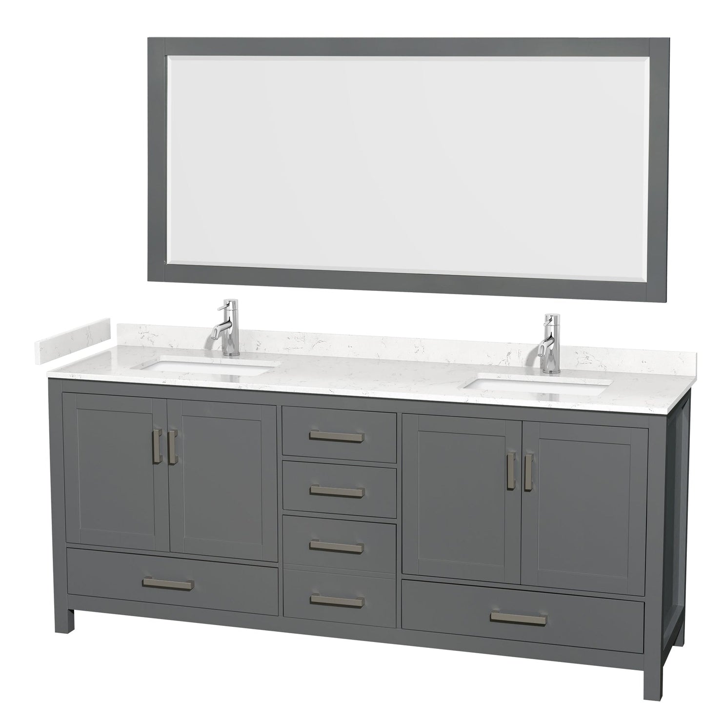 Wyndham Collection Sheffield 80" Double Bathroom Vanity in Dark Gray, Carrara Cultured Marble Countertop, Undermount Square Sinks, 70" Mirror