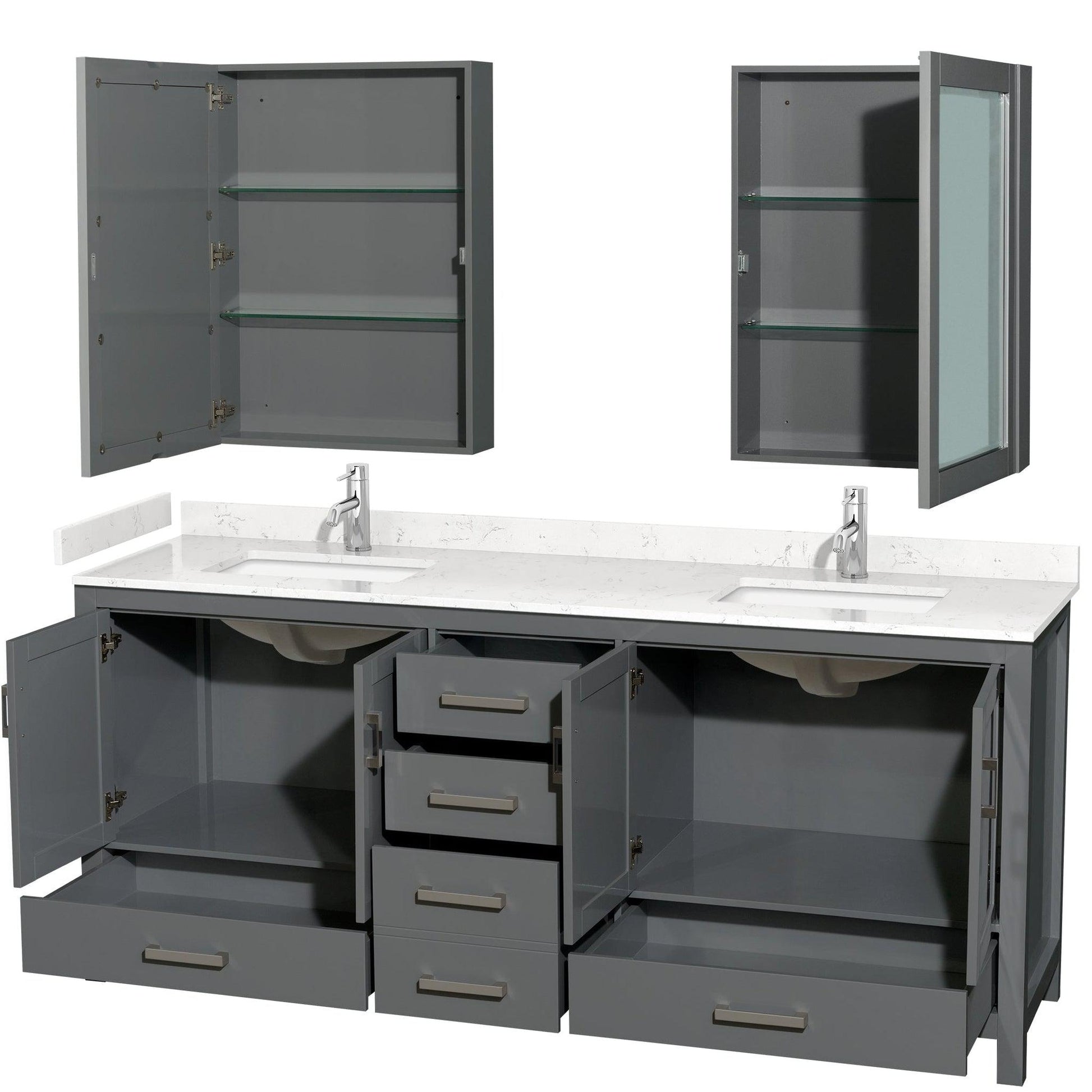 Wyndham Collection Sheffield 80" Double Bathroom Vanity in Dark Gray, Carrara Cultured Marble Countertop, Undermount Square Sinks, Medicine Cabinet