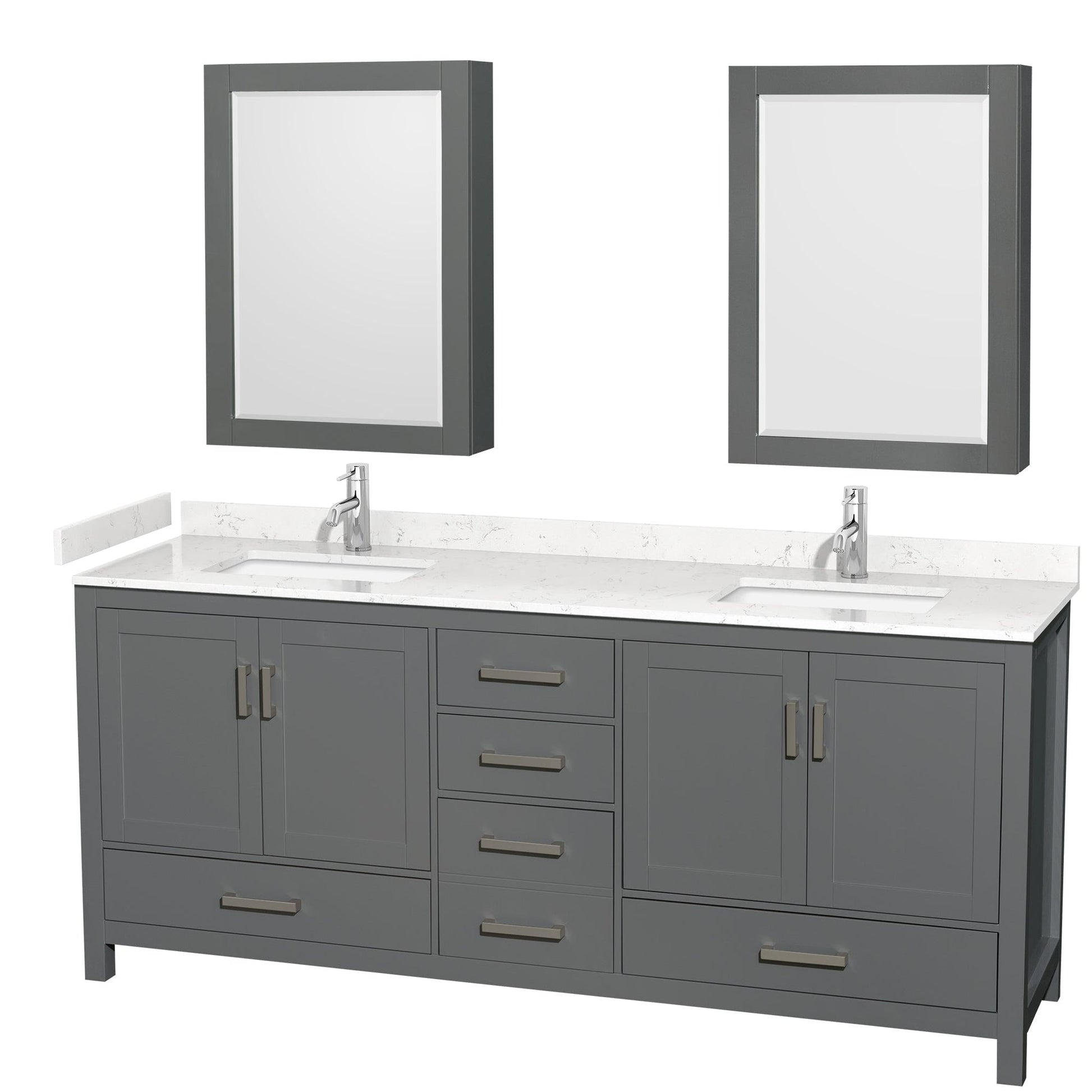 Wyndham Collection Sheffield 80" Double Bathroom Vanity in Dark Gray, Carrara Cultured Marble Countertop, Undermount Square Sinks, Medicine Cabinet