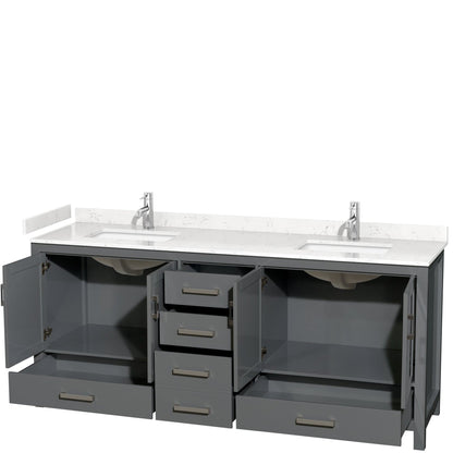 Wyndham Collection Sheffield 80" Double Bathroom Vanity in Dark Gray, Carrara Cultured Marble Countertop, Undermount Square Sinks, No Mirror