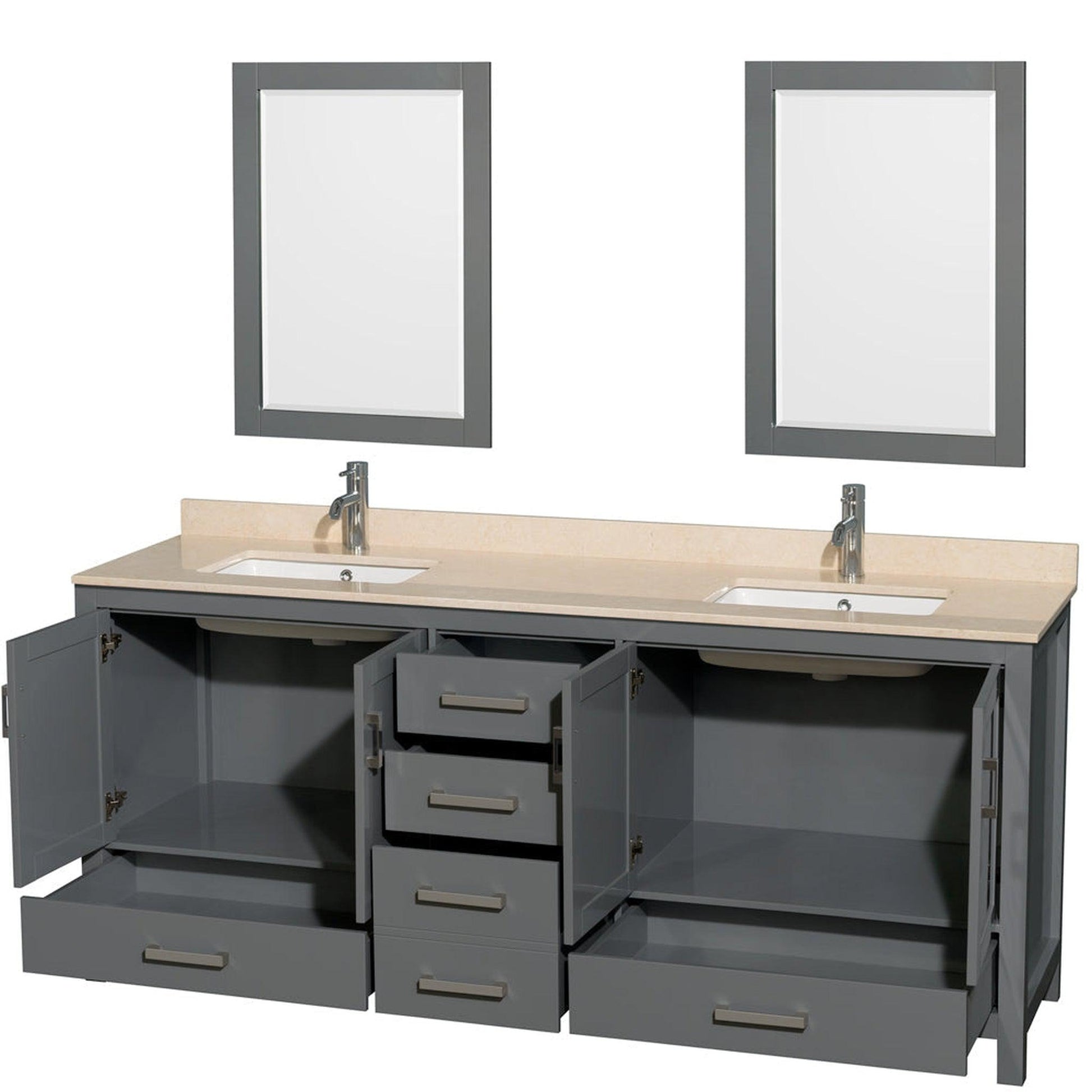 Wyndham Collection Sheffield 80" Double Bathroom Vanity in Dark Gray, Ivory Marble Countertop, Undermount Square Sinks, and 24" Mirror