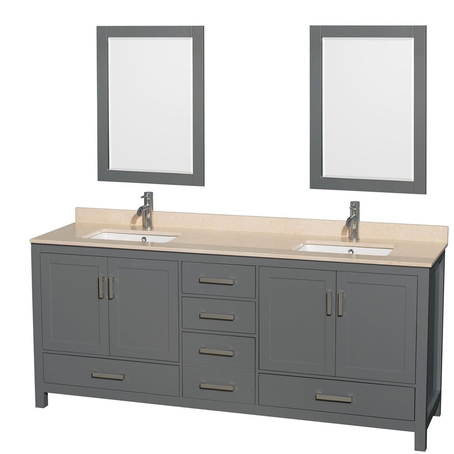 Wyndham Collection Sheffield 80" Double Bathroom Vanity in Dark Gray, Ivory Marble Countertop, Undermount Square Sinks, and 24" Mirror