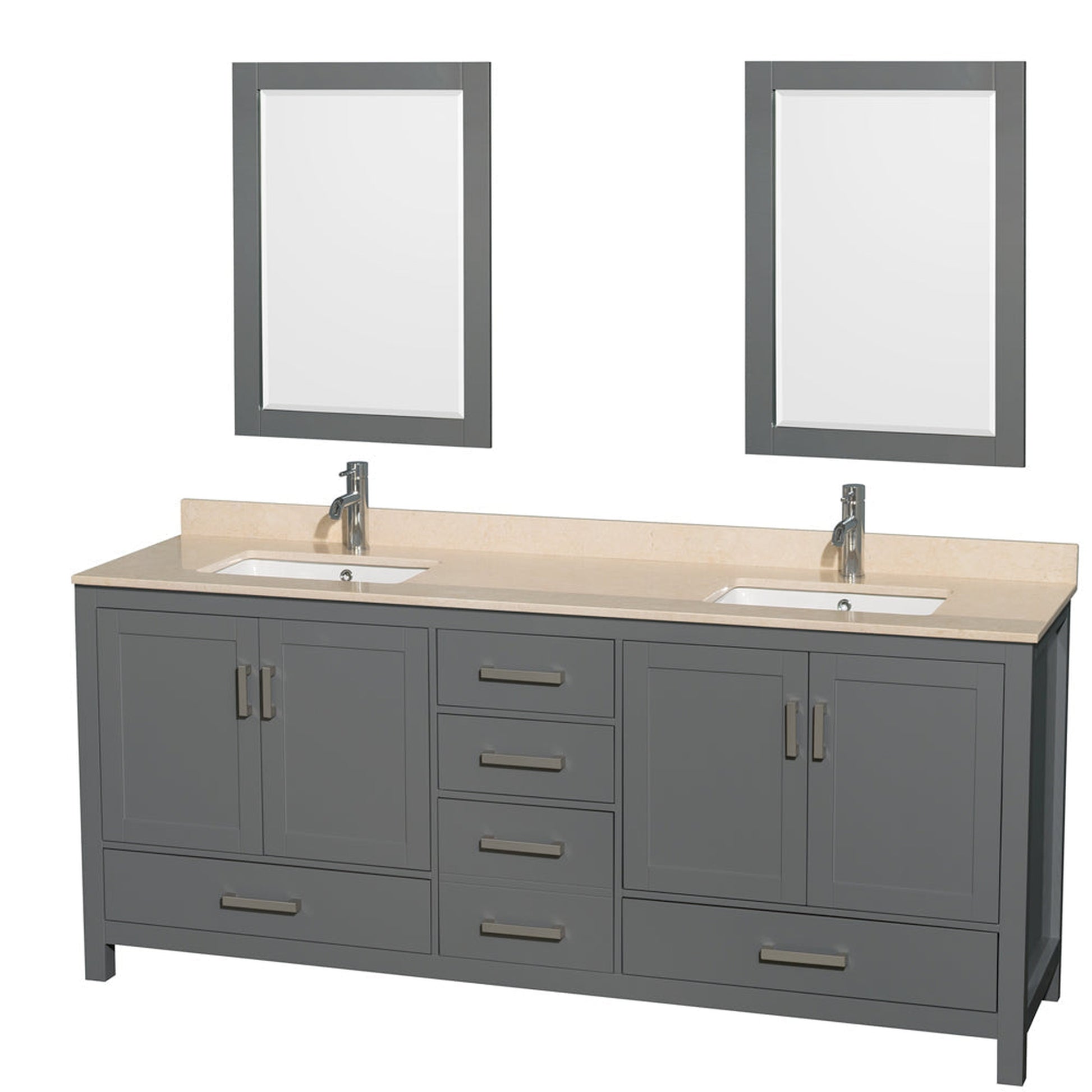 Wyndham Collection Sheffield 80" Double Bathroom Vanity in Dark Gray, Ivory Marble Countertop, Undermount Square Sinks, and 24" Mirror