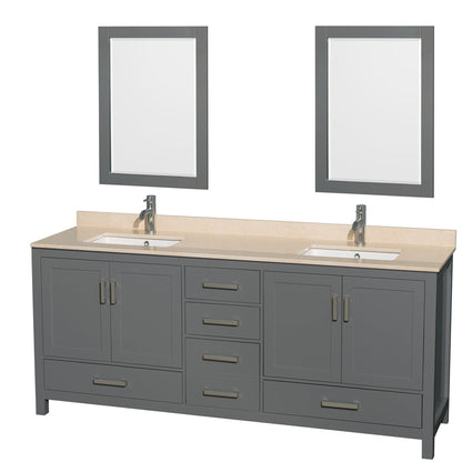 Wyndham Collection Sheffield 80" Double Bathroom Vanity in Dark Gray, Ivory Marble Countertop, Undermount Square Sinks, and 24" Mirror