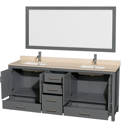 Wyndham Collection Sheffield 80" Double Bathroom Vanity in Dark Gray, Ivory Marble Countertop, Undermount Square Sinks, and 70" Mirror