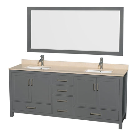 Wyndham Collection Sheffield 80" Double Bathroom Vanity in Dark Gray, Ivory Marble Countertop, Undermount Square Sinks, and 70" Mirror