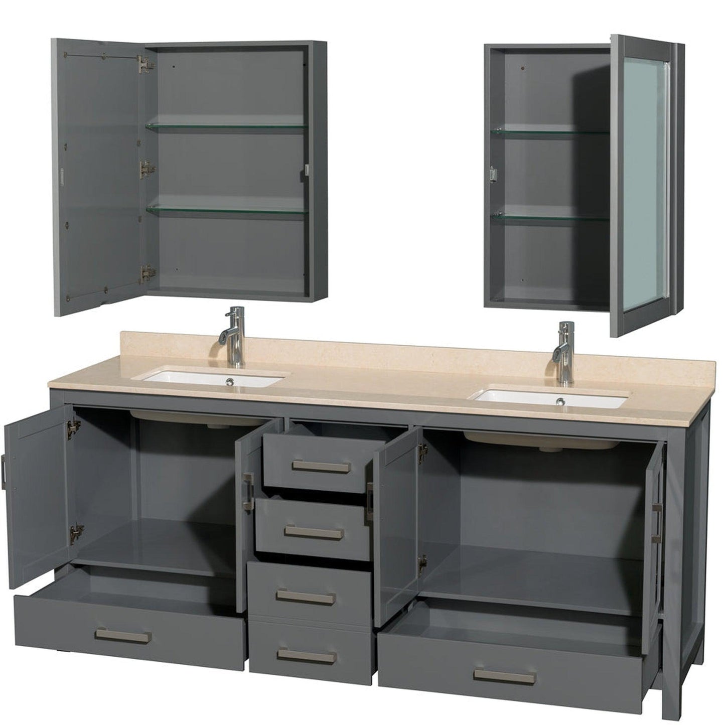 Wyndham Collection Sheffield 80" Double Bathroom Vanity in Dark Gray, Ivory Marble Countertop, Undermount Square Sinks, and Medicine Cabinet