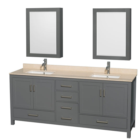 Wyndham Collection Sheffield 80" Double Bathroom Vanity in Dark Gray, Ivory Marble Countertop, Undermount Square Sinks, and Medicine Cabinet