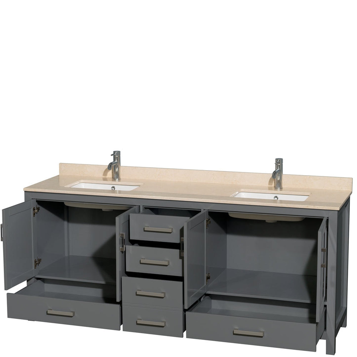 Wyndham Collection Sheffield 80" Double Bathroom Vanity in Dark Gray, Ivory Marble Countertop, Undermount Square Sinks, and No Mirror