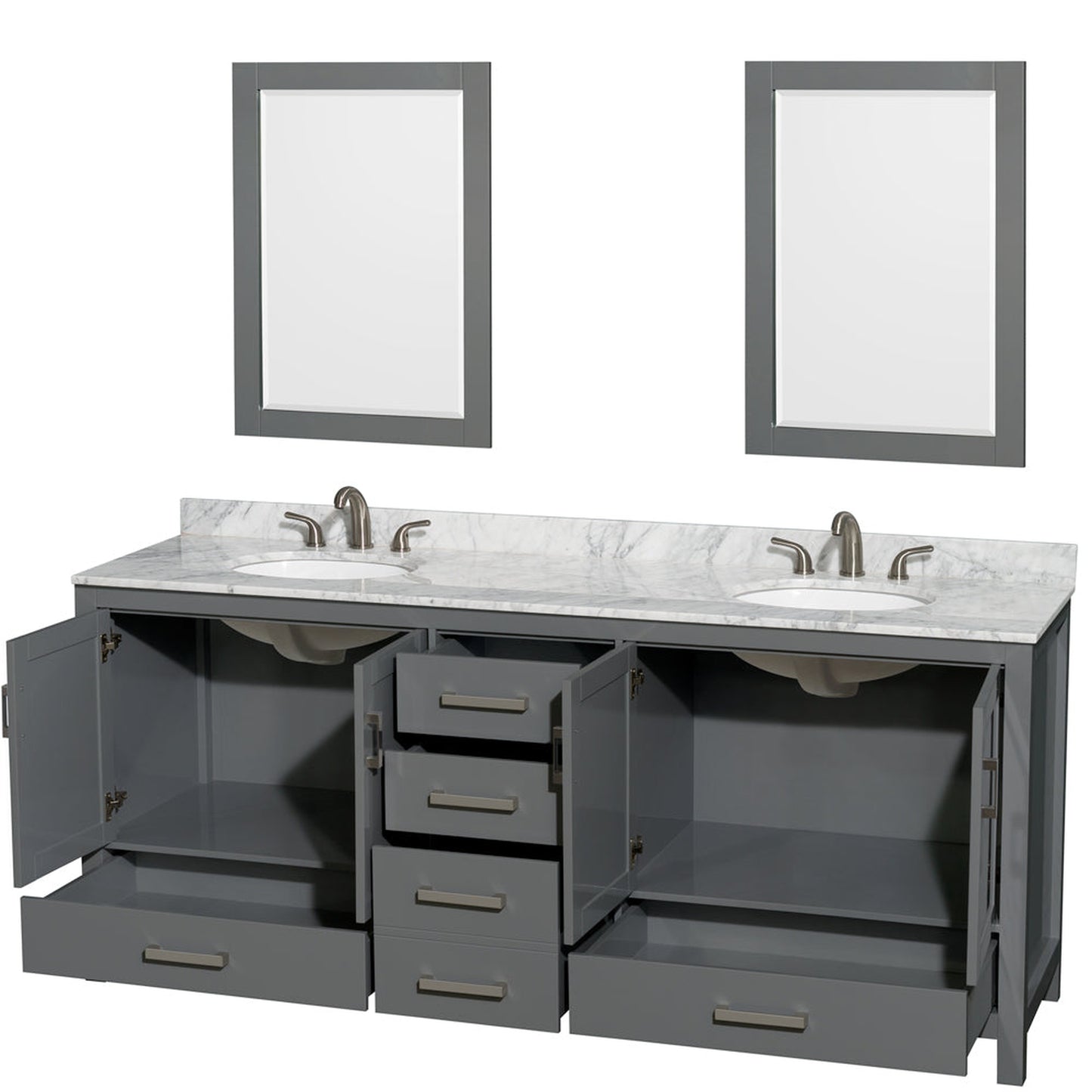 Wyndham Collection Sheffield 80" Double Bathroom Vanity in Dark Gray, White Carrara Marble Countertop, Undermount Oval Sinks, and 24" Mirror