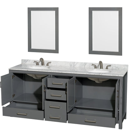 Wyndham Collection Sheffield 80" Double Bathroom Vanity in Dark Gray, White Carrara Marble Countertop, Undermount Oval Sinks, and 24" Mirror