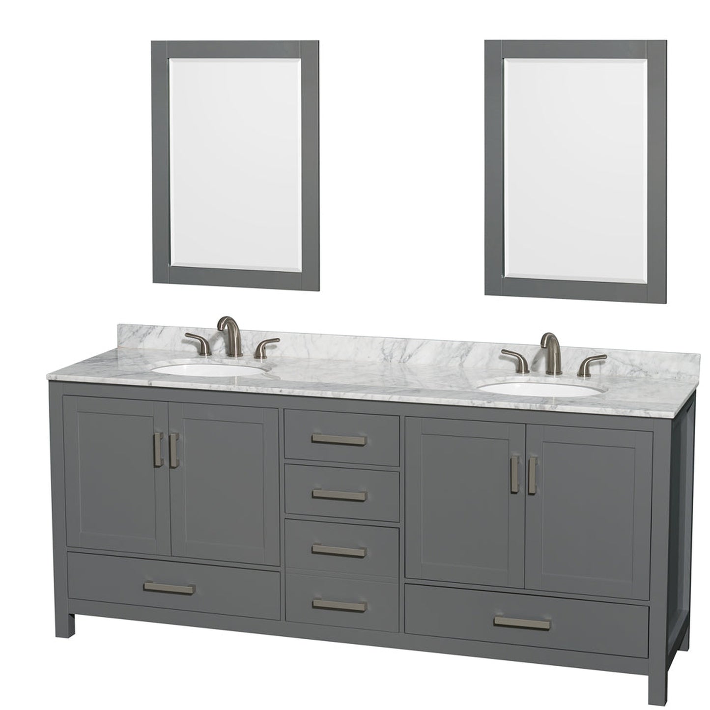Wyndham Collection Sheffield 80" Double Bathroom Vanity in Dark Gray, White Carrara Marble Countertop, Undermount Oval Sinks, and 24" Mirror
