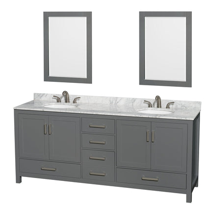 Wyndham Collection Sheffield 80" Double Bathroom Vanity in Dark Gray, White Carrara Marble Countertop, Undermount Oval Sinks, and 24" Mirror