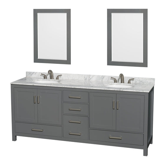 Wyndham Collection Sheffield 80" Double Bathroom Vanity in Dark Gray, White Carrara Marble Countertop, Undermount Oval Sinks, and 24" Mirror