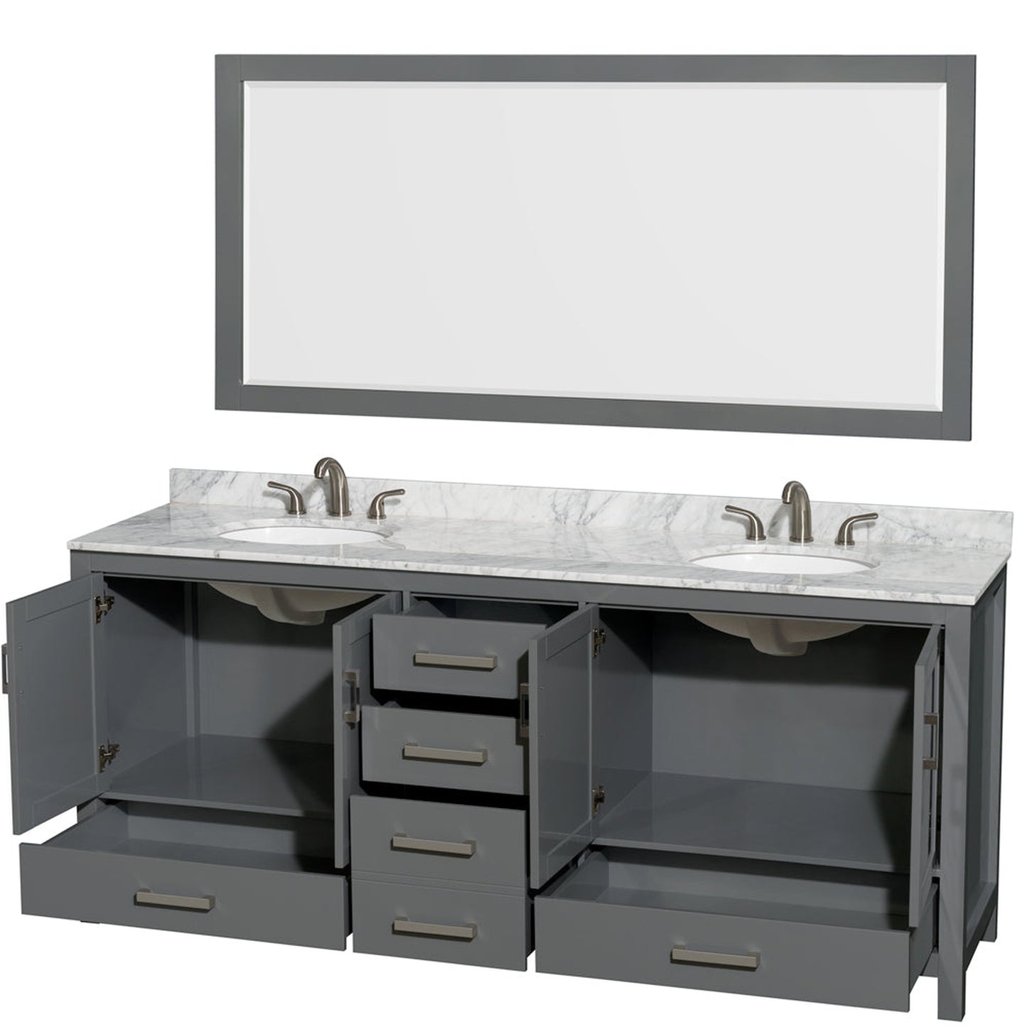 Wyndham Collection Sheffield 80" Double Bathroom Vanity in Dark Gray, White Carrara Marble Countertop, Undermount Oval Sinks, and 70" Mirror